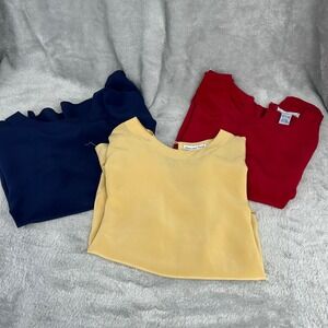 Vintage 100% Silk Short Sleeve Blouse Set of 3 Tops Size Large Red Navy Yellow